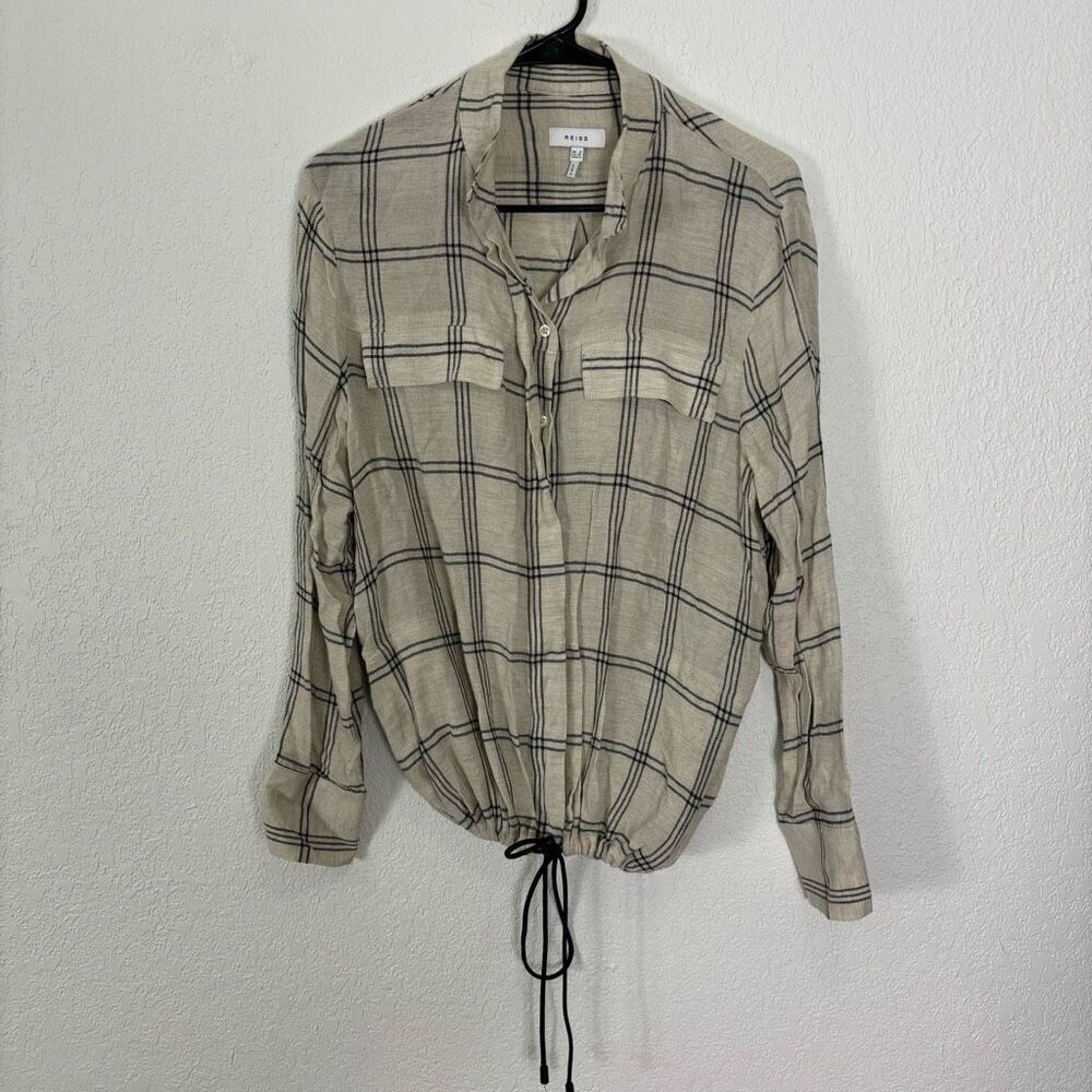 Reiss Oatmeal with Black Plaid Button Front Tie Bottom Long Sleeve Blouse US 4